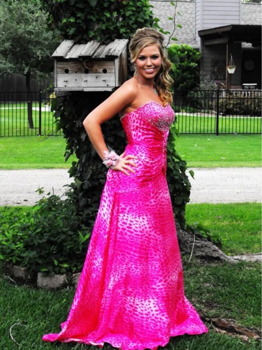 Mori Lee Madeline Gardner Y2K Pink Leopard Rhinestone Prom Gown